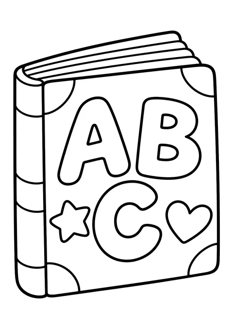 Ausmalbild: stehendes Buch mit großen Buchstaben A, B, C sowie einem Stern und einem Herz auf dem Einband