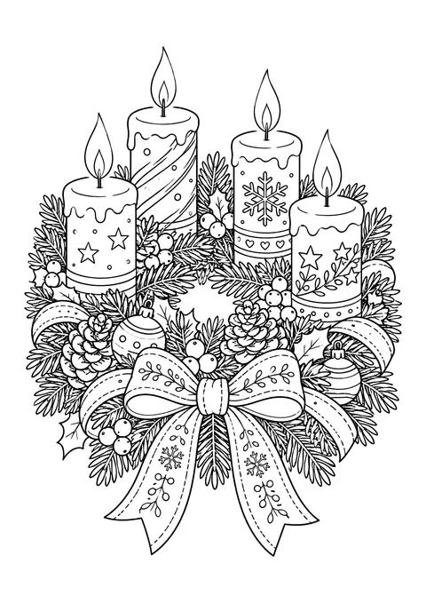 Ausmalbild: Adventskranz aus Tannenzweigen mit vier brennenden Kerzen, Zapfen, Beeren, Kugeln und großer Schleife