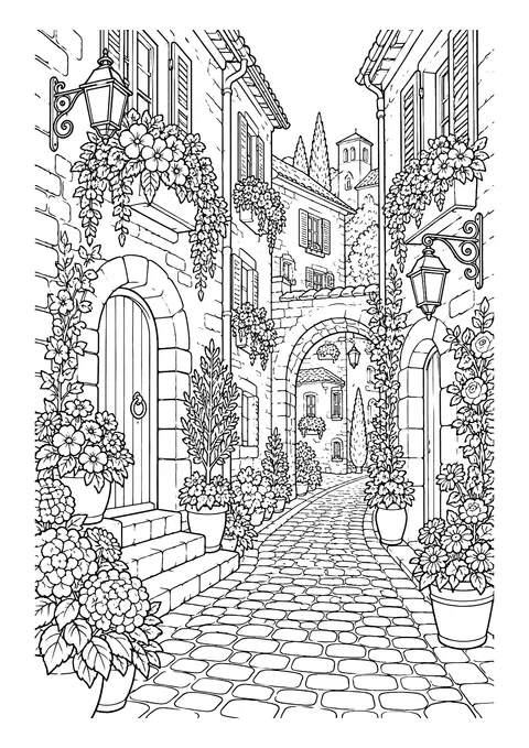 Ausmalbild: Altstadtgasse mit Kopfsteinpflaster, Steinhäusern, Laternen, Torbogen, Blumentöpfen und Hängeblumen