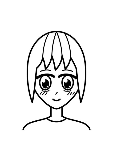 Ausmalbild: Anime-Gesicht mit großen Augen und Pony