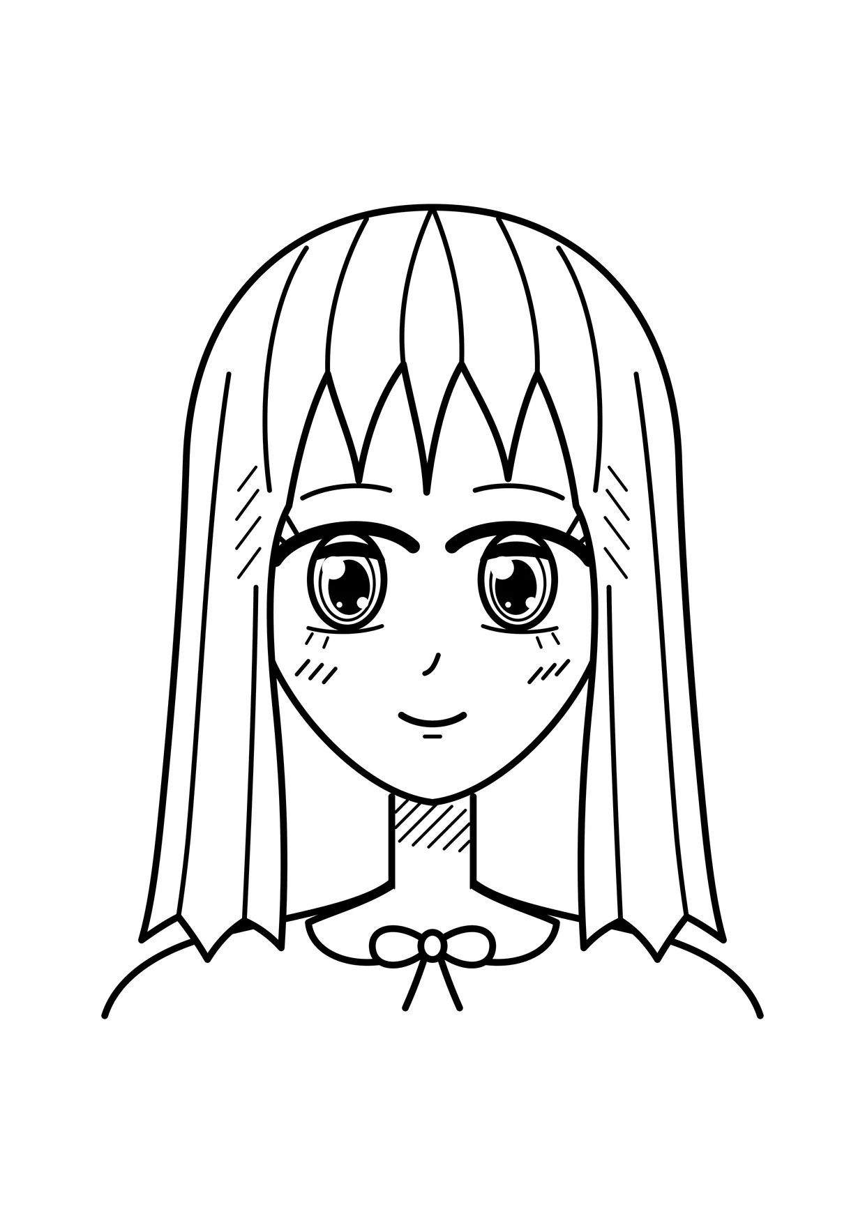 Ausmalbild: Anime-Mädchen mit langen Haaren und Schleife