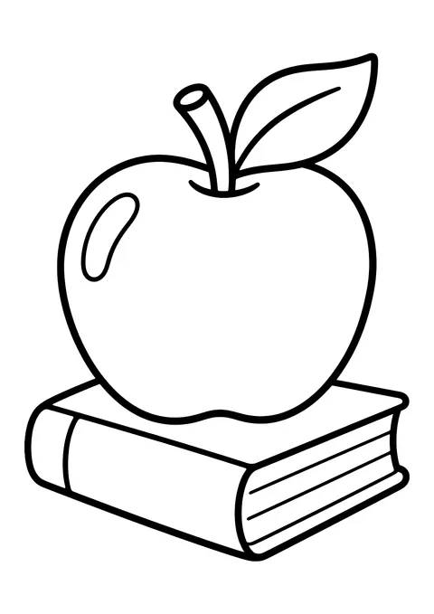 Ausmalbild: Apfel mit Stiel und Blatt liegt auf einem geschlossenen Buch