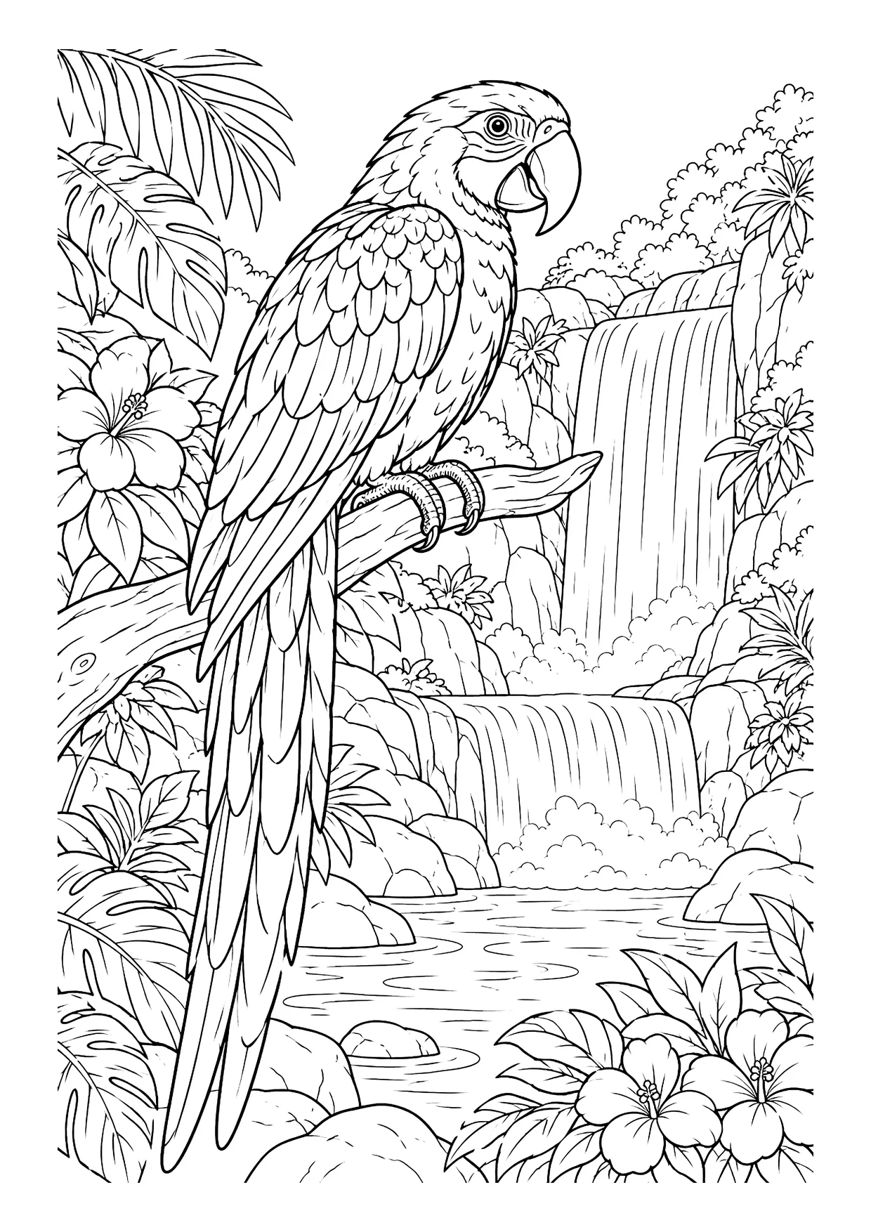 Ausmalbild: Ara mit langem Schwanz sitzt auf einem Ast, dahinter Wasserfälle, Felsen und Dschungelpflanzen.