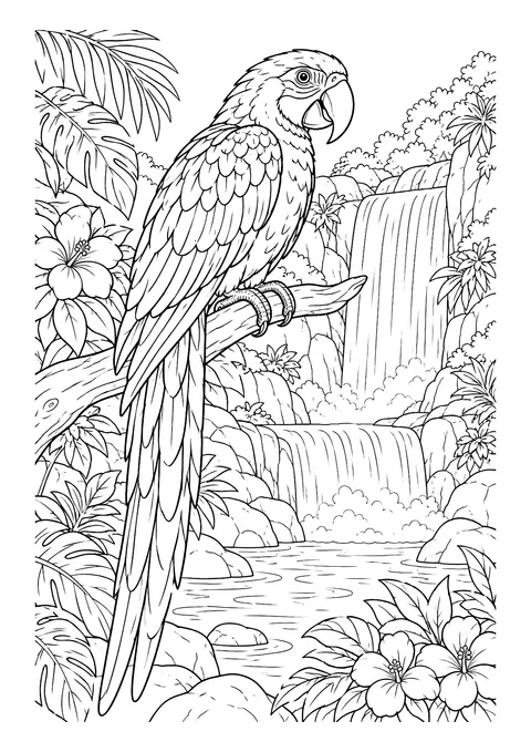 Ausmalbild: Ara mit langem Schwanz sitzt auf einem Ast, dahinter Wasserfälle, Felsen und Dschungelpflanzen.