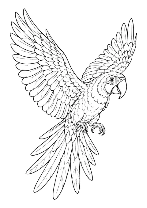 Ausmalbild: Ara-Papagei im Flug mit ausgebreiteten Flügeln, Hakenschnabel und langen Schwanzfedern