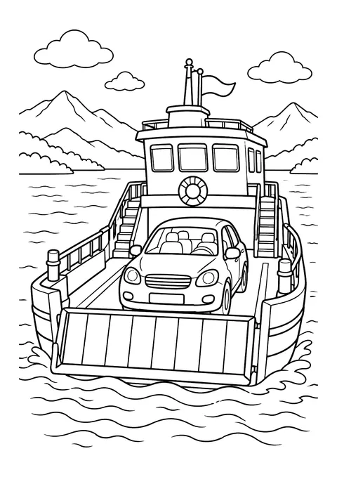 Ausmalbild: Autofähre mit einem Auto an Deck fährt über einen See vor Bergen und Wolken