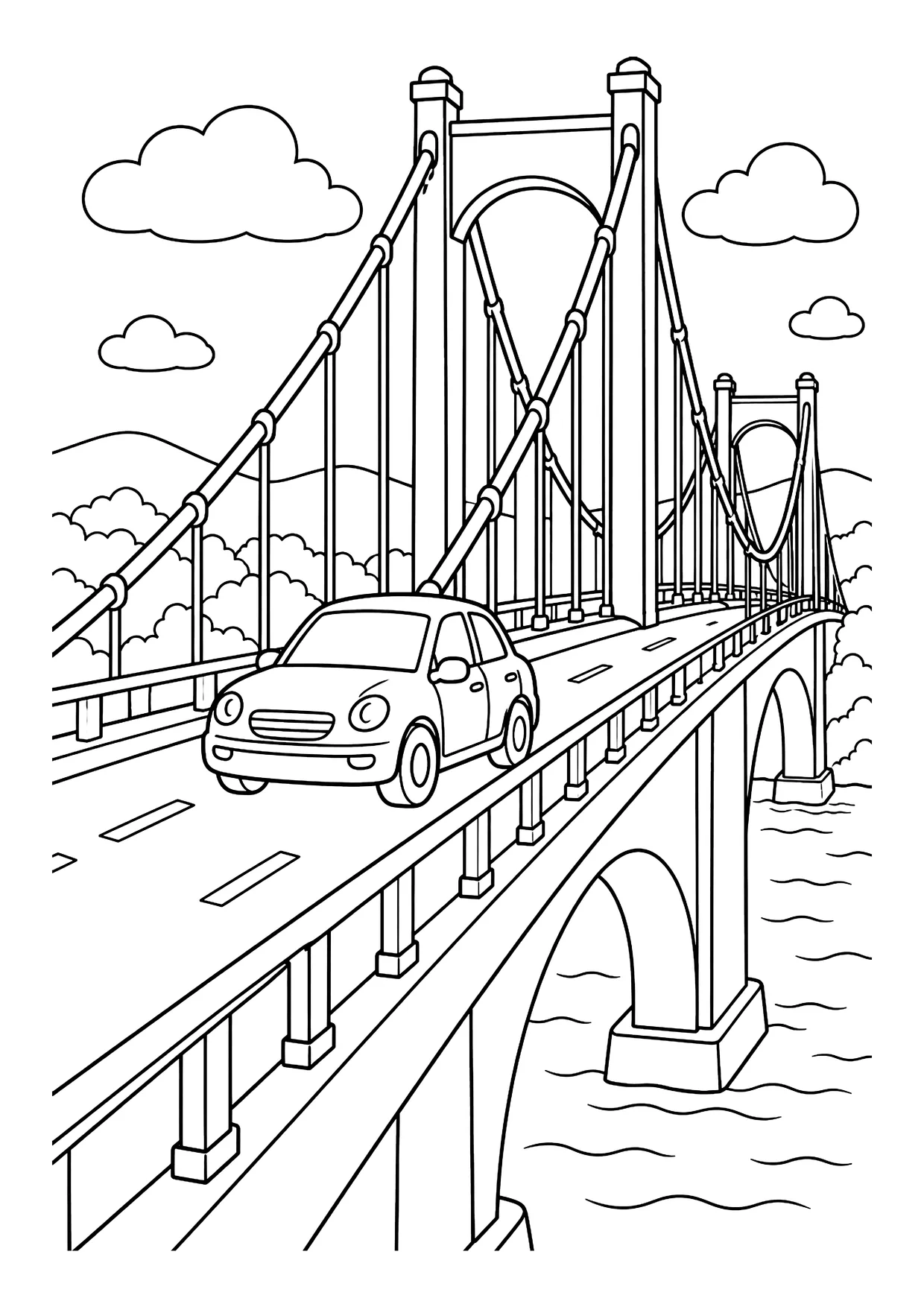 Ausmalbild: Auto fährt über eine Hängebrücke mit Pfeilern und Tragseilen über einem Fluss, dahinter Wolken und Hügel