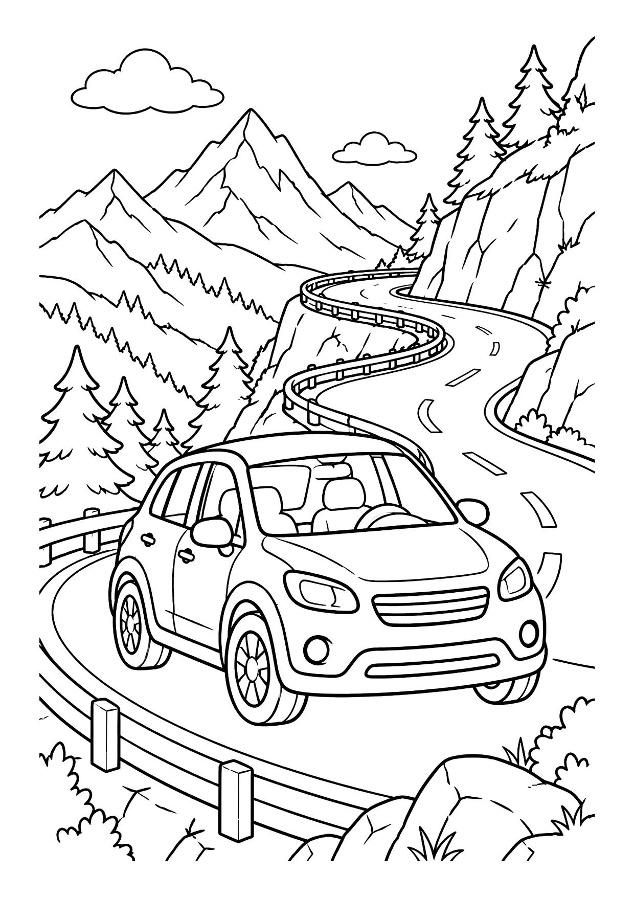Ausmalbild: Auto auf kurviger Bergstraße mit Leitplanke, Tannen, Felsen und Berggipfeln