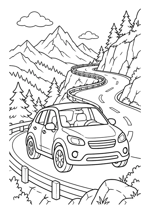 Ausmalbild: Auto auf kurviger Bergstraße mit Leitplanke, Tannen, Felsen und Berggipfeln
