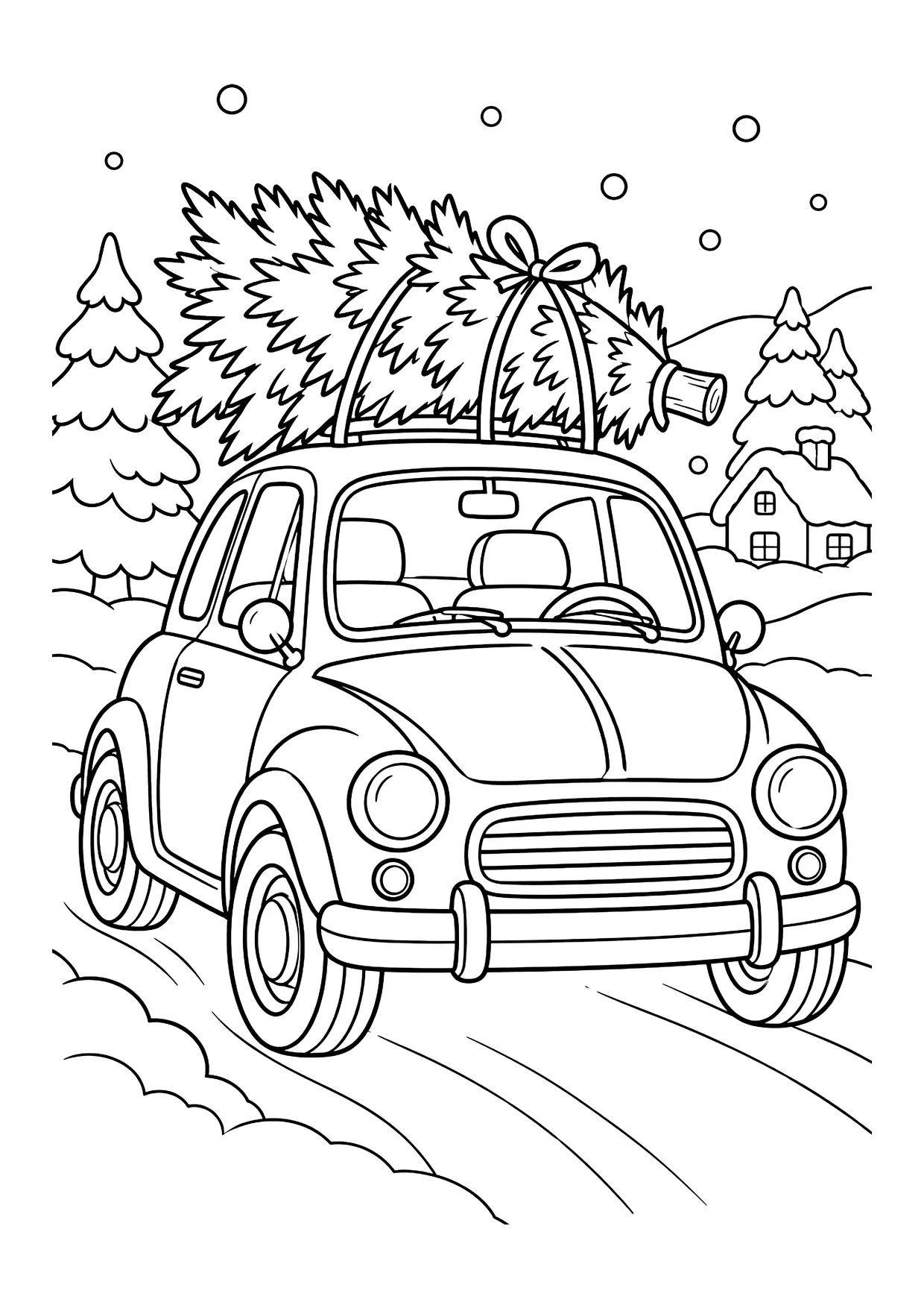 Ausmalbild: Auto mit Tannenbaum und Schleife auf dem Dach fährt durch Schneelandschaft mit Haus und Tannen
