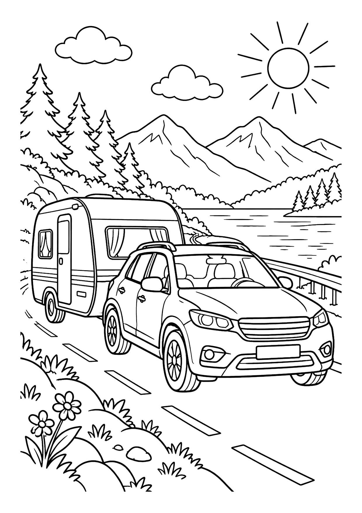 Ausmalbild: Auto mit Wohnwagen auf einer Straße am See, dahinter Berge, Tannen, Wolken und Sonne