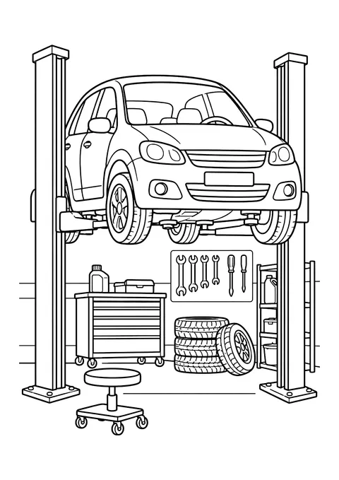 Ausmalbild: Auto auf einer Hebebühne in einer Werkstatt mit Werkzeugwagen, Reifenstapel und Schraubenschlüsseln