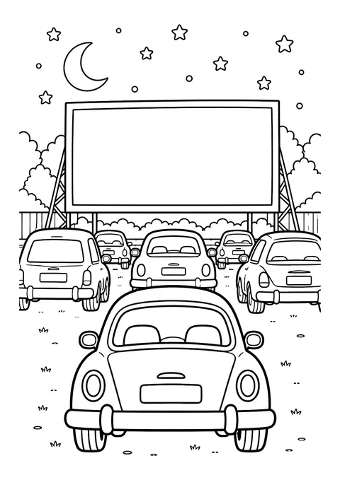 Ausmalbild: Autos von hinten vor großer Autokino-Leinwand, darüber Mond und Sterne