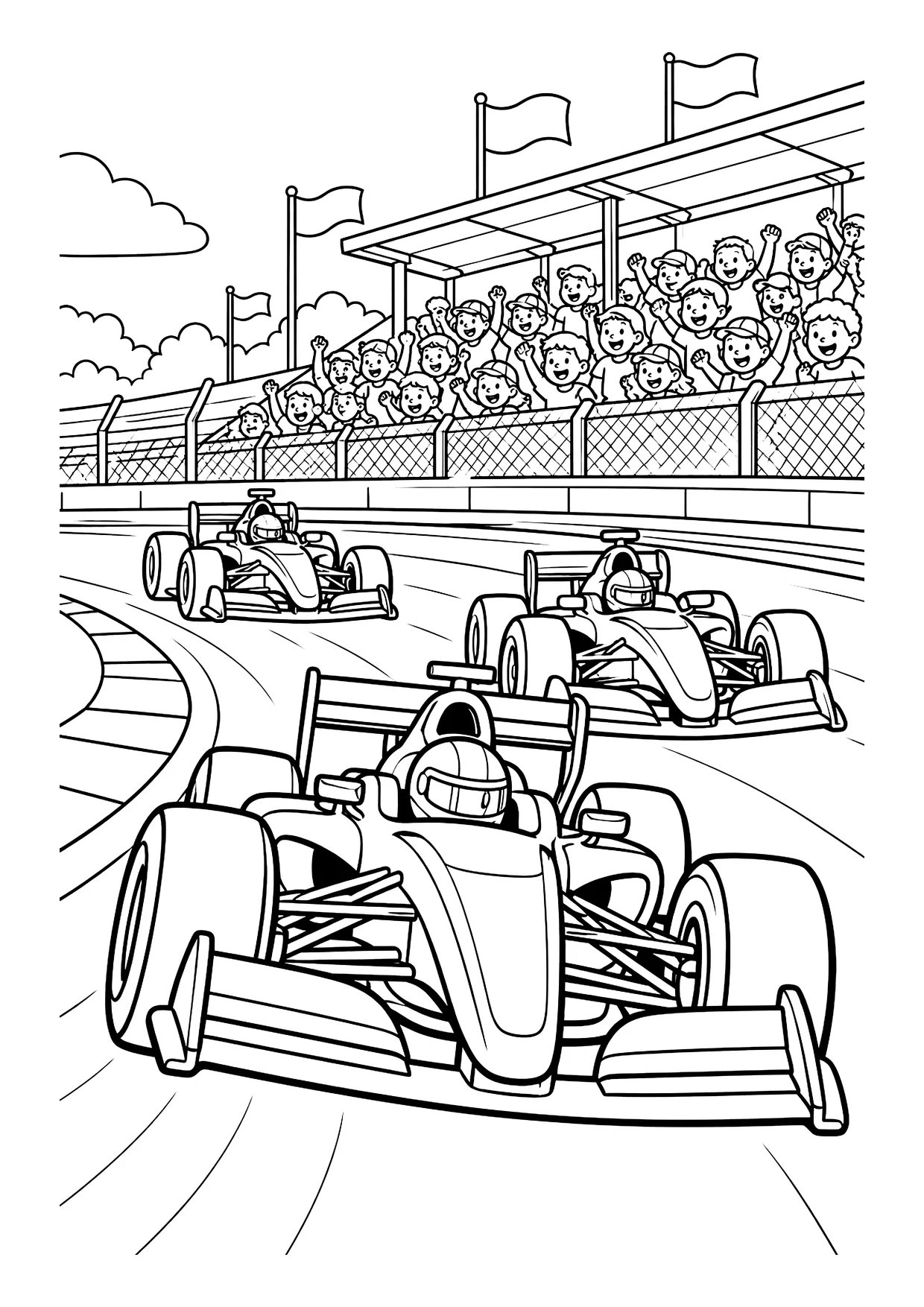 Ausmalbild: Drei Rennwagen auf der Rennstrecke vor einer Tribüne mit jubelnden Zuschauern und Fahnen