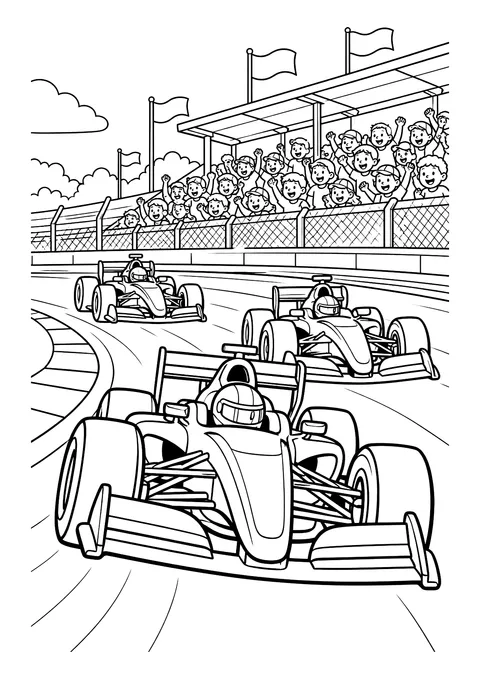 Ausmalbild: Drei Rennwagen auf der Rennstrecke vor einer Tribüne mit jubelnden Zuschauern und Fahnen