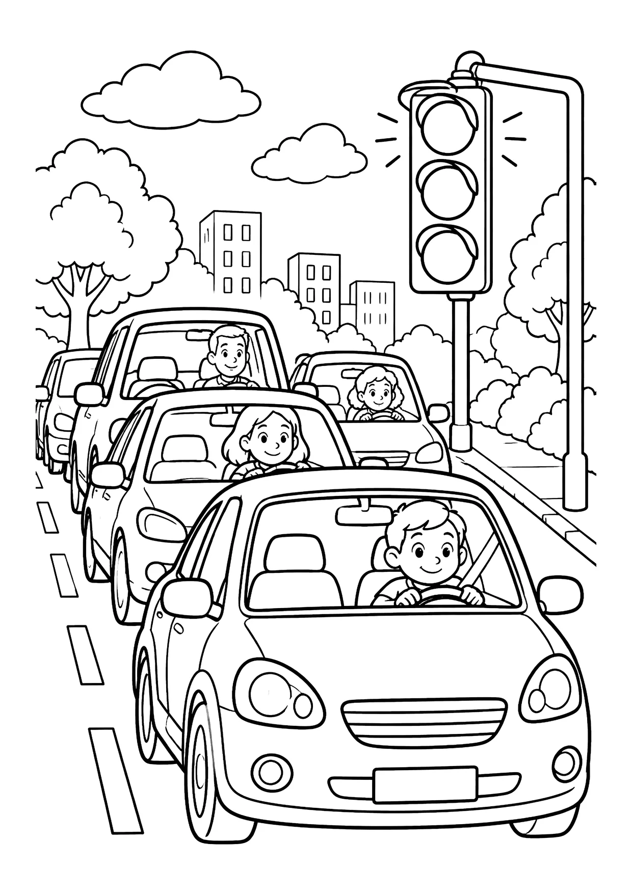 Ausmalbild: Vier Autos stehen im Stau vor einer Ampel, im Hintergrund Bäume, Hochhäuser und Wolken
