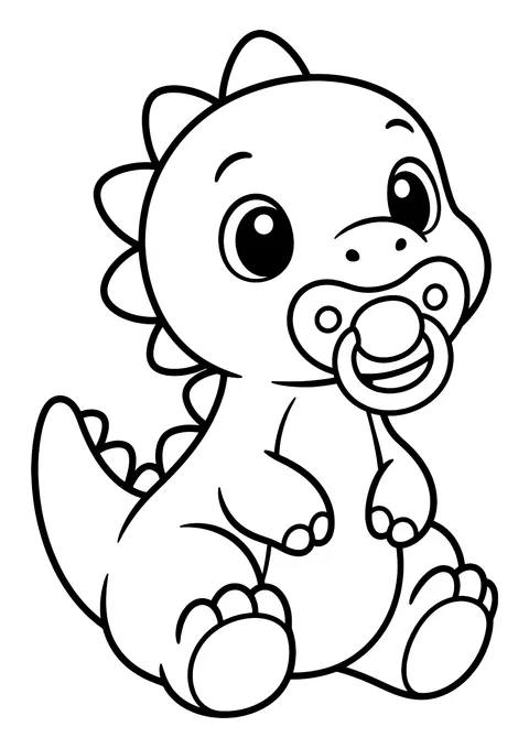 Ausmalbild: sitzender Baby-Dinosaurier mit Schnuller im Mund, großen Augen und Zacken auf dem Rücken
