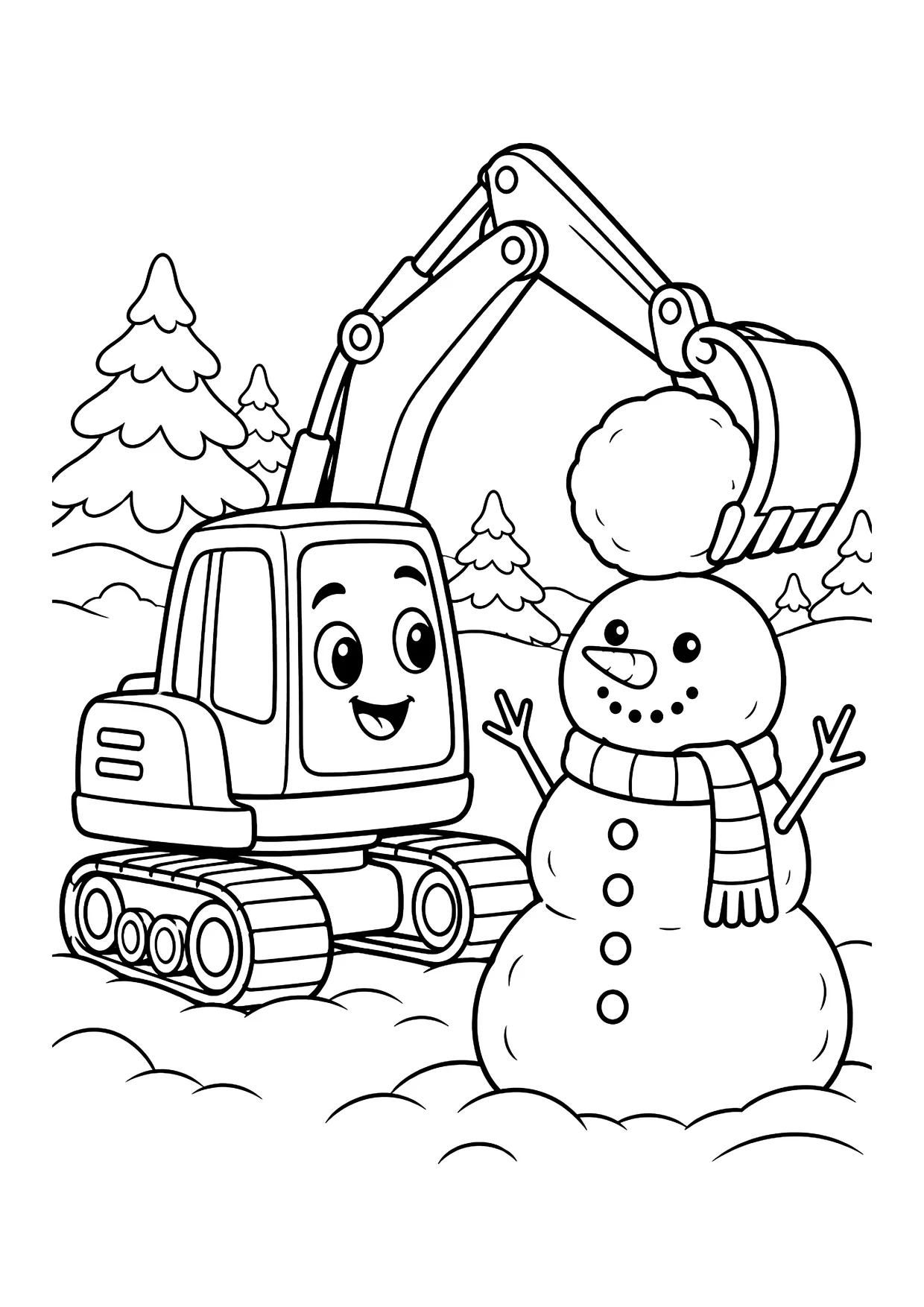 Ausmalbild: Bagger mit Gesicht hebt mit der Schaufel eine Schneekugel auf einen Schneemann mit Schal, dahinter Tannen