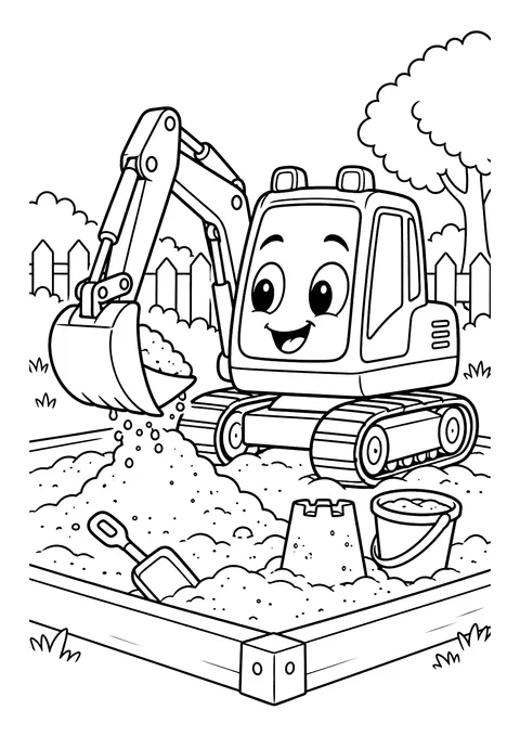 Ausmalbild: Lachender Kettenbagger schaufelt Sand im Sandkasten, daneben Sandburg, Eimer und Schaufel.