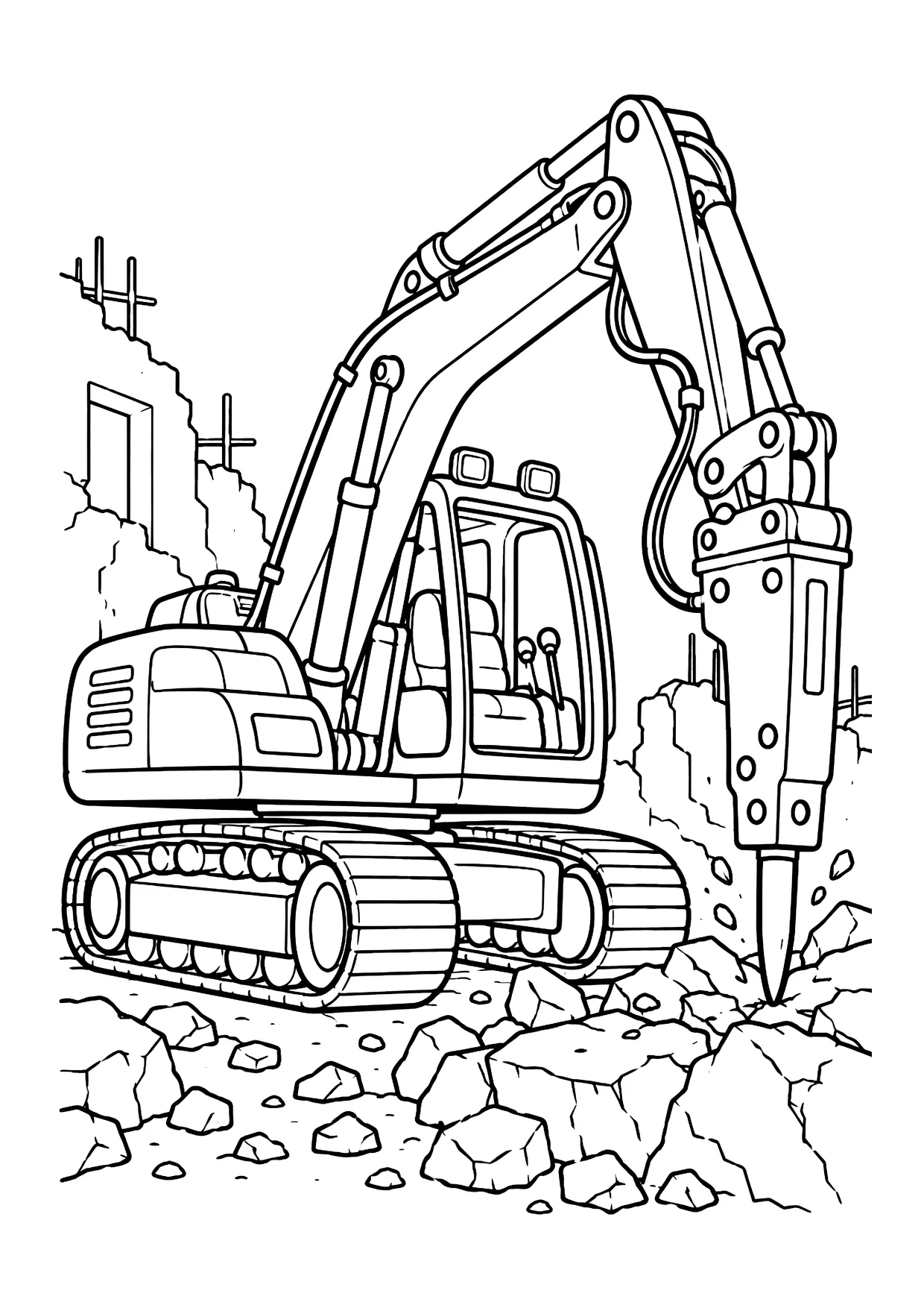 Ausmalbild: Kettenbagger mit Abbruchhammer auf einer Baustelle mit Steinbrocken und Mauerresten