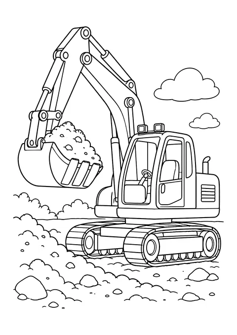 Ausmalbild: Kettenbagger mit erhobenem Arm und Schaufel voller Erde, Steine am Boden und Wolken am Himmel