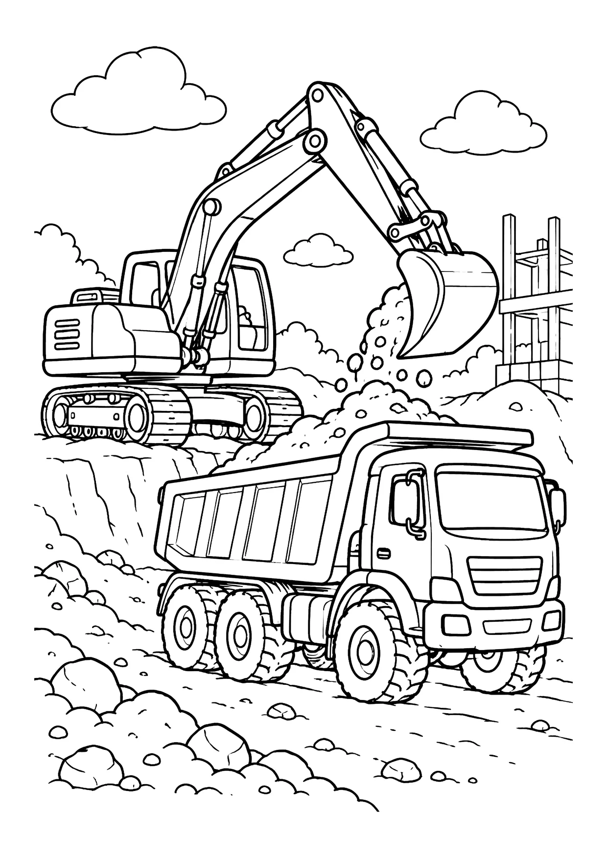Ausmalbild: Kettenbagger kippt Erde in die Mulde eines Kipplasters auf einer Baustelle mit Steinen und Gerüst