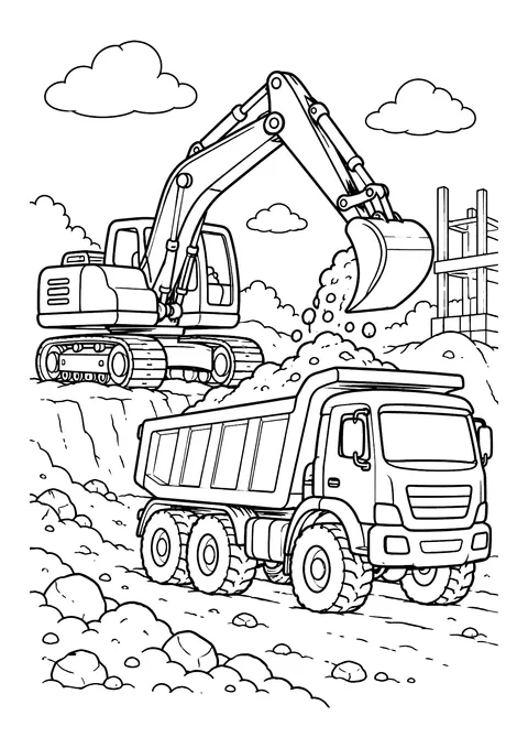 Ausmalbild: Kettenbagger kippt Erde in die Mulde eines Kipplasters auf einer Baustelle mit Steinen und Gerüst