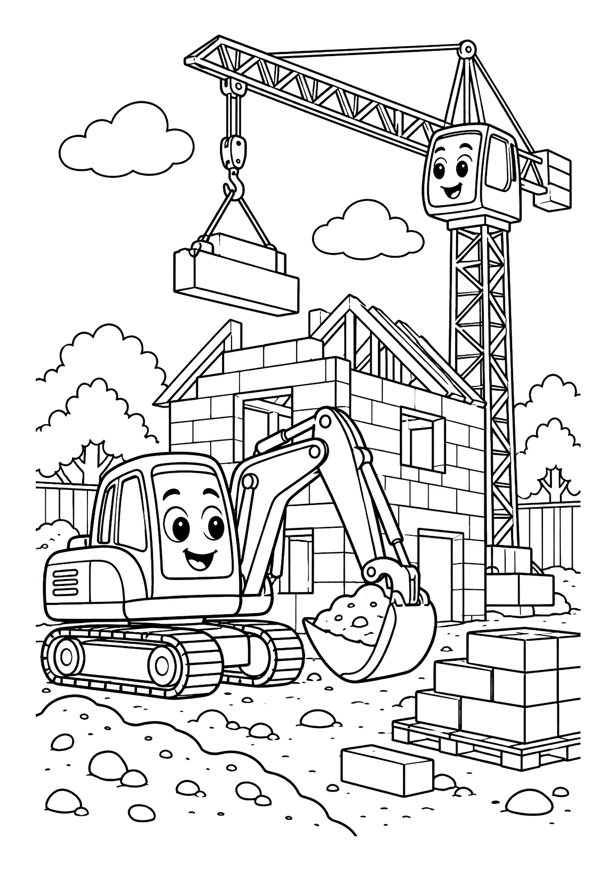 Ausmalbild: Bagger mit Gesicht und Baukran auf einer Baustelle vor einem halbfertigen Haus mit Dachstuhl