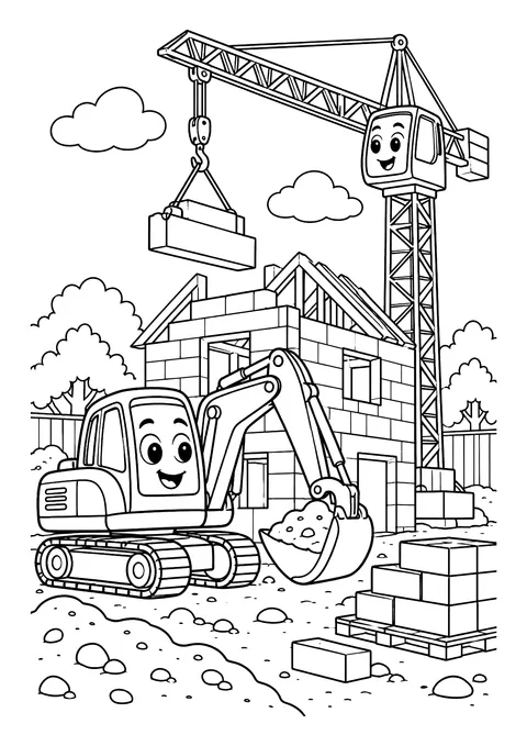 Ausmalbild: Bagger mit Gesicht und Baukran auf einer Baustelle vor einem halbfertigen Haus mit Dachstuhl