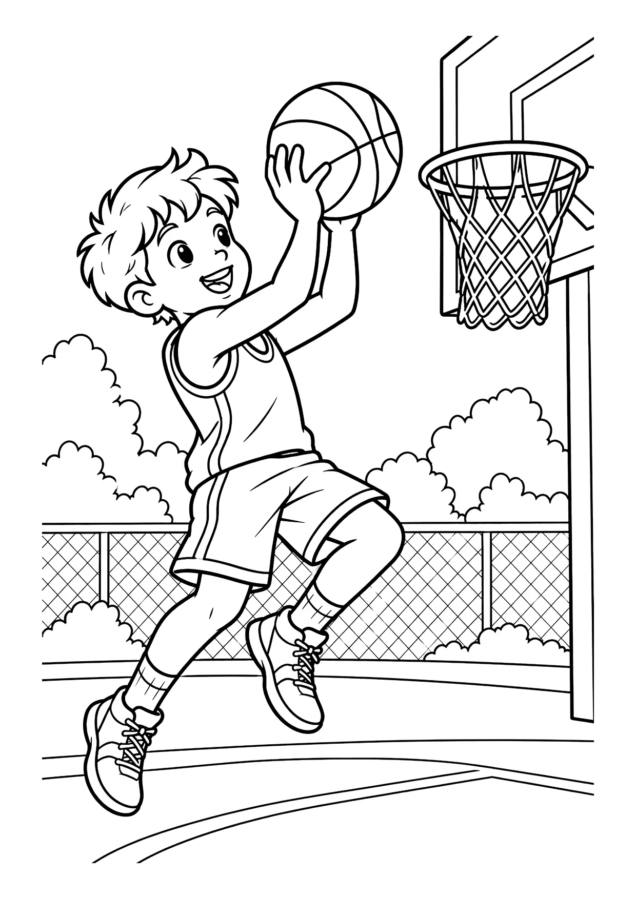 Ausmalbild: Junge springt mit Basketball in den Händen zum Korbwurf vor Korb und Zaun