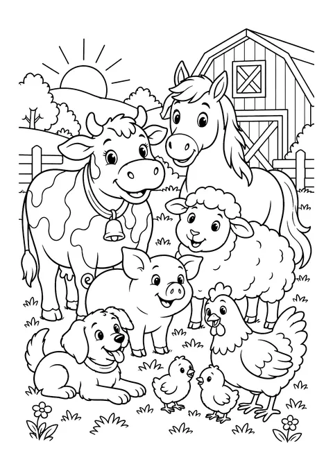 Ausmalbild: Kuh, Pferd, Schaf, Schwein, Hund, Henne und Küken vor einer Scheune bei Sonnenaufgang