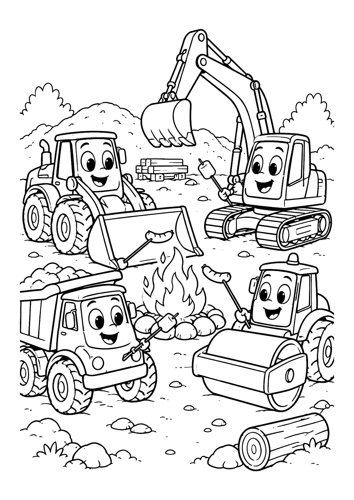 Ausmalbild: Bagger, Radlader, Kipper, Walze und Traktor mit Gesichtern grillen am Lagerfeuer auf einer Baustelle