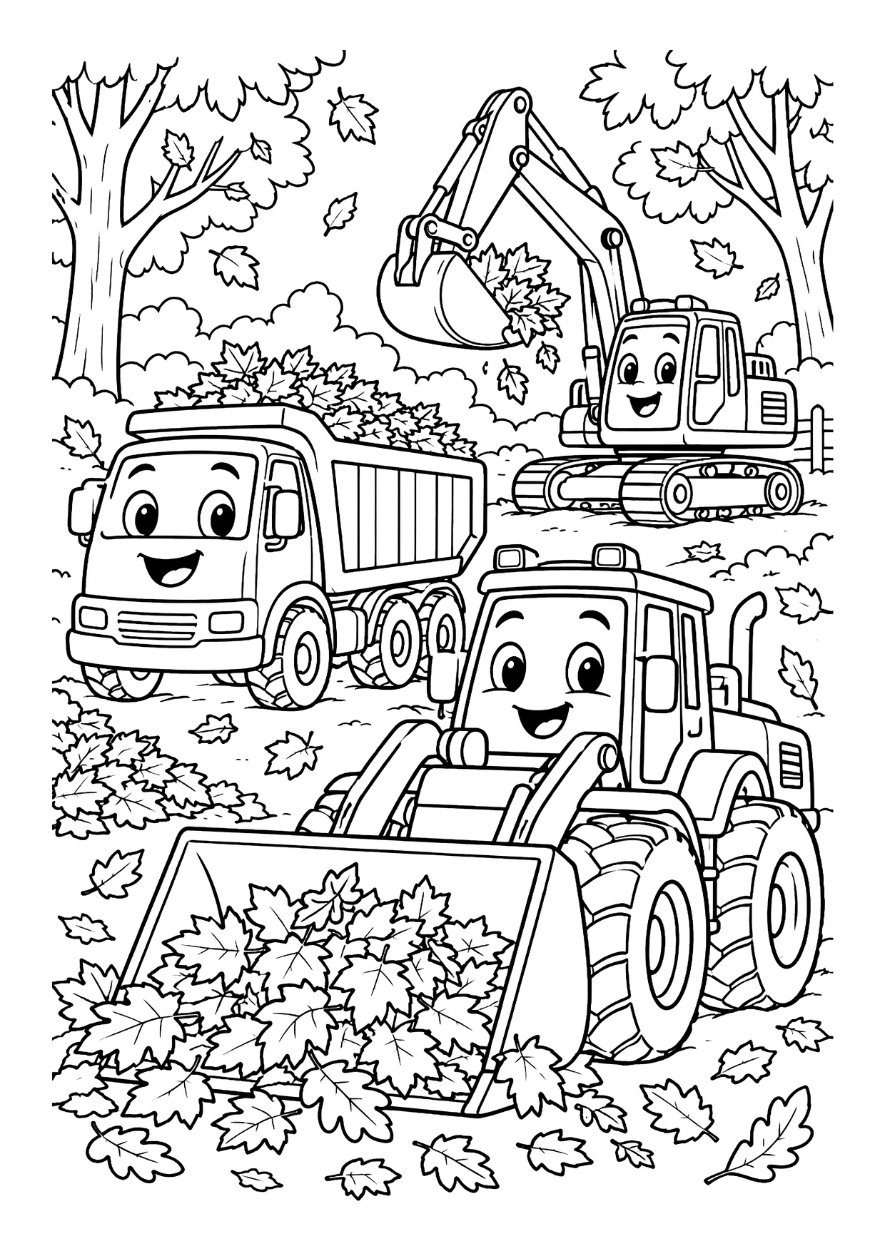 Ausmalbild: Radlader, Kipplaster und Bagger mit lachenden Gesichtern sammeln Herbstlaub zwischen kahlen Bäumen