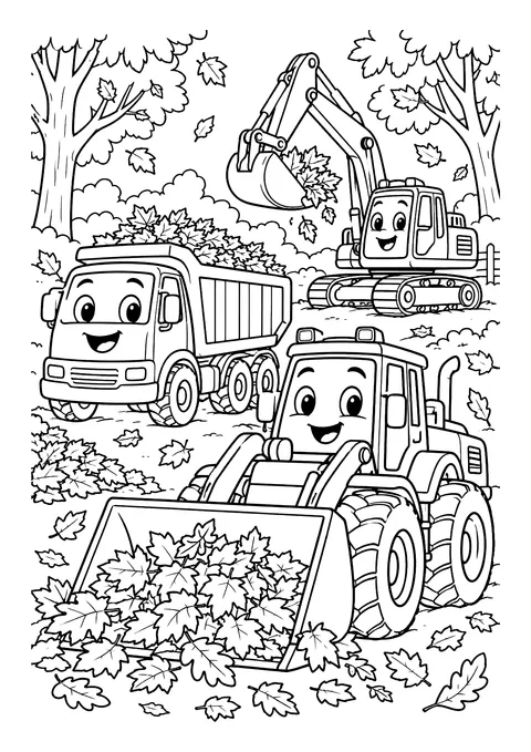 Ausmalbild: Radlader, Kipplaster und Bagger mit lachenden Gesichtern sammeln Herbstlaub zwischen kahlen Bäumen