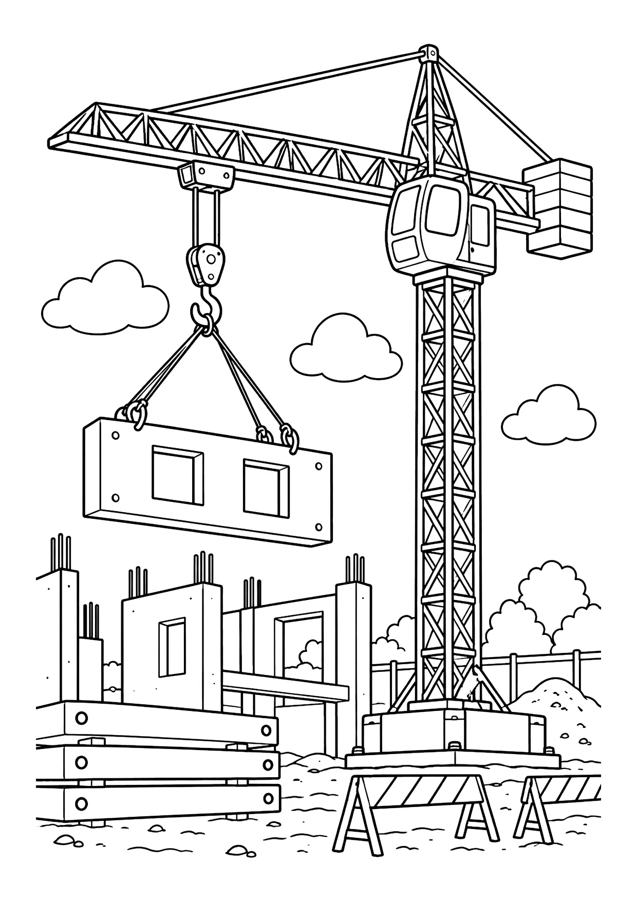 Ausmalbild: Turmdrehkran hebt ein Betonteil mit zwei Fensteröffnungen über eine Baustelle mit Mauern und Absperrung