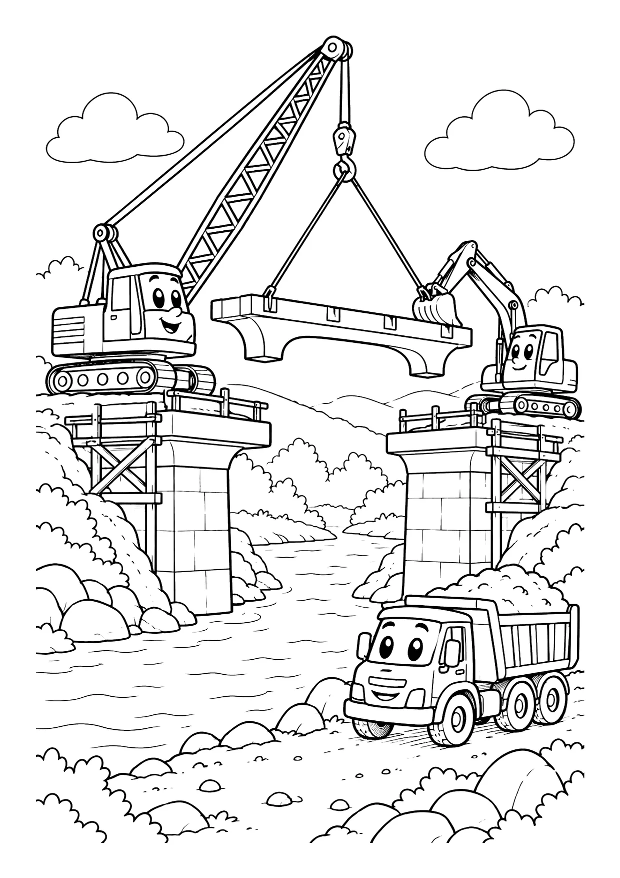 Ausmalbild: Kran hebt Brückenteil über einen Fluss, Bagger auf Brückenpfeiler und Kipplaster am Ufer