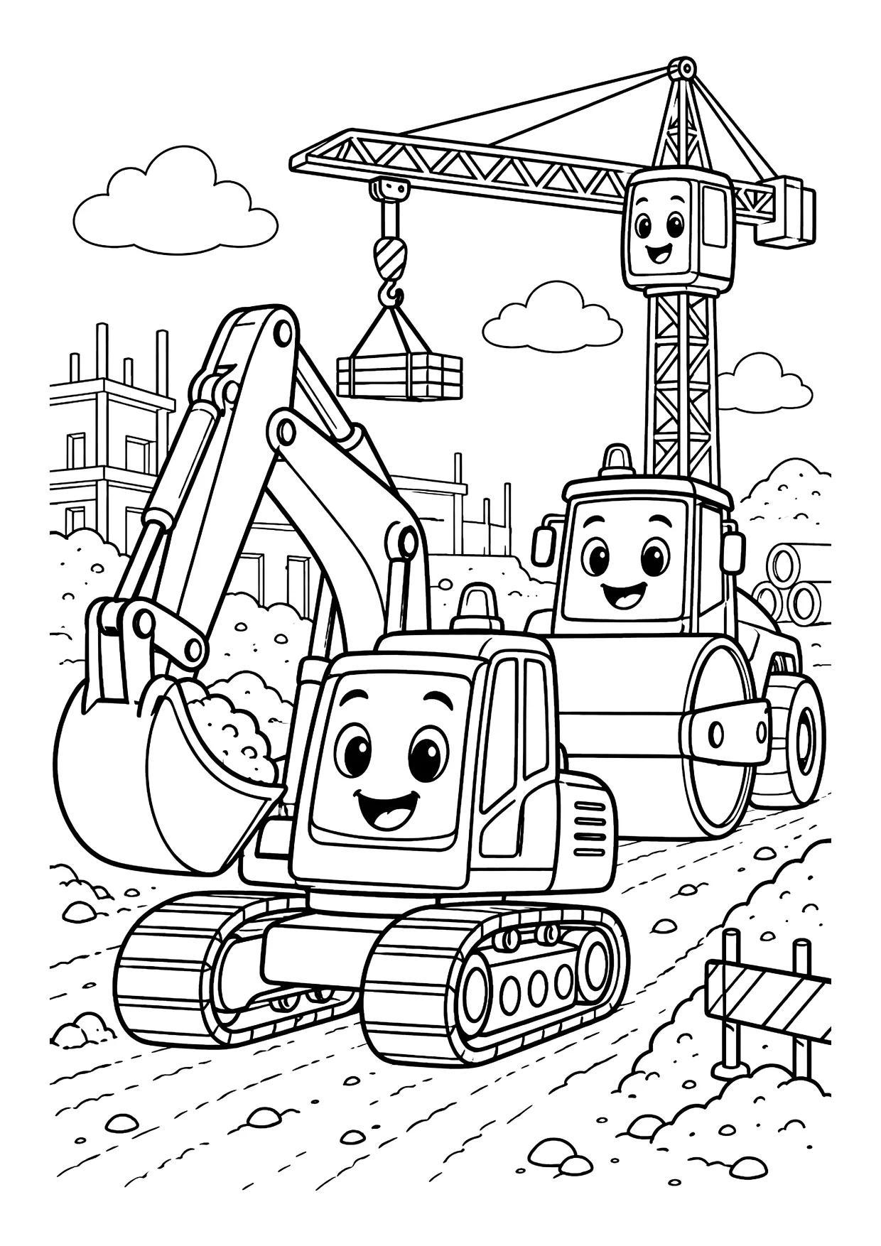 Ausmalbild: Bagger, Straßenwalze und Baukran mit lachenden Gesichtern auf einer Baustelle mit Rohbau und Erdhügeln
