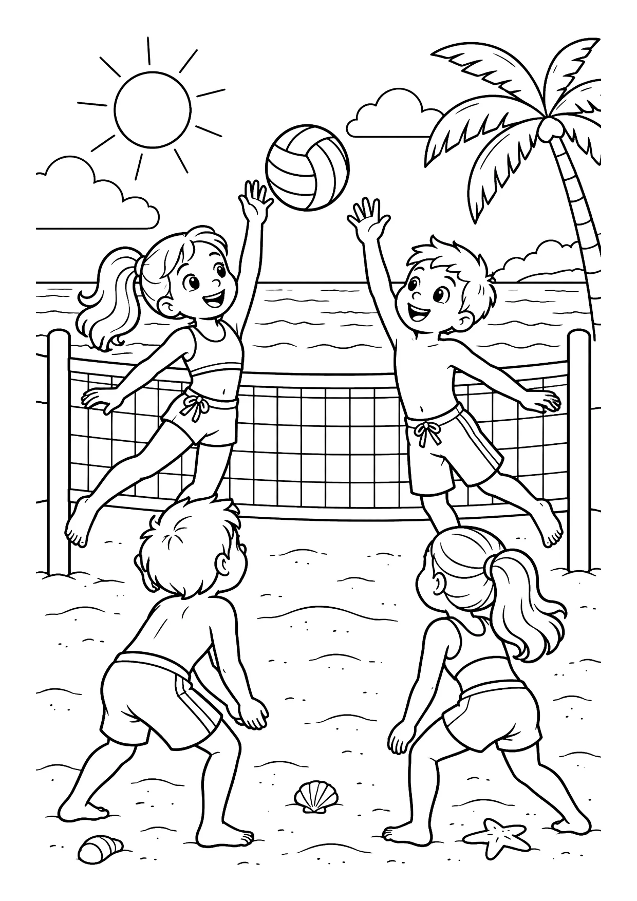 Ausmalbild: Vier Kinder spielen Volleyball am Strand, mit Netz, Ball, Sonne, Palme, Meer, Muscheln und Seestern.