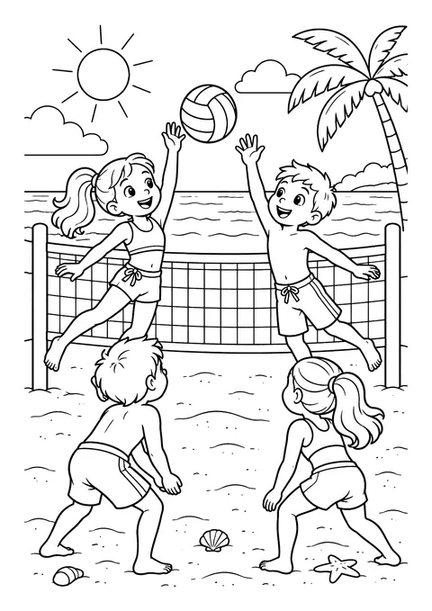 Ausmalbild: Vier Kinder spielen Volleyball am Strand, mit Netz, Ball, Sonne, Palme, Meer, Muscheln und Seestern.