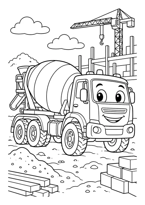 Ausmalbild: Betonmischer mit Gesicht auf einer Baustelle mit Kran, Rohbau, Sandhaufen, Brettern und Steinblöcken
