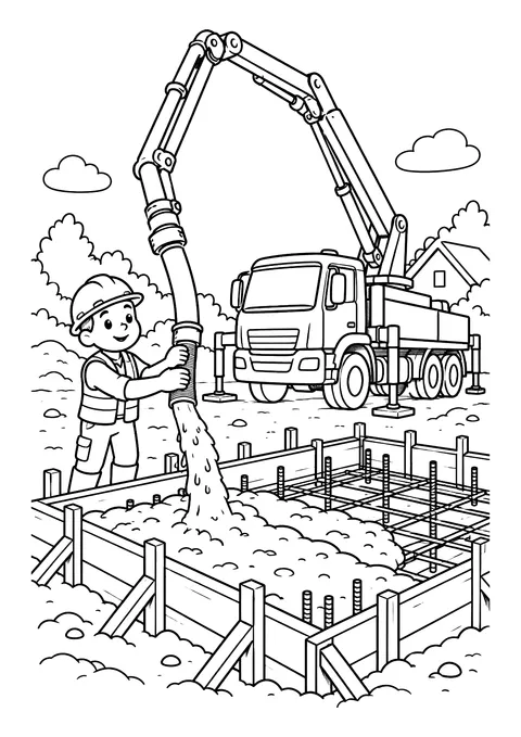 Ausmalbild: Bauarbeiter hält Pumpenschlauch, Betonpumpe mit Knickarm füllt Fundament mit Schalung und Stahlmatten