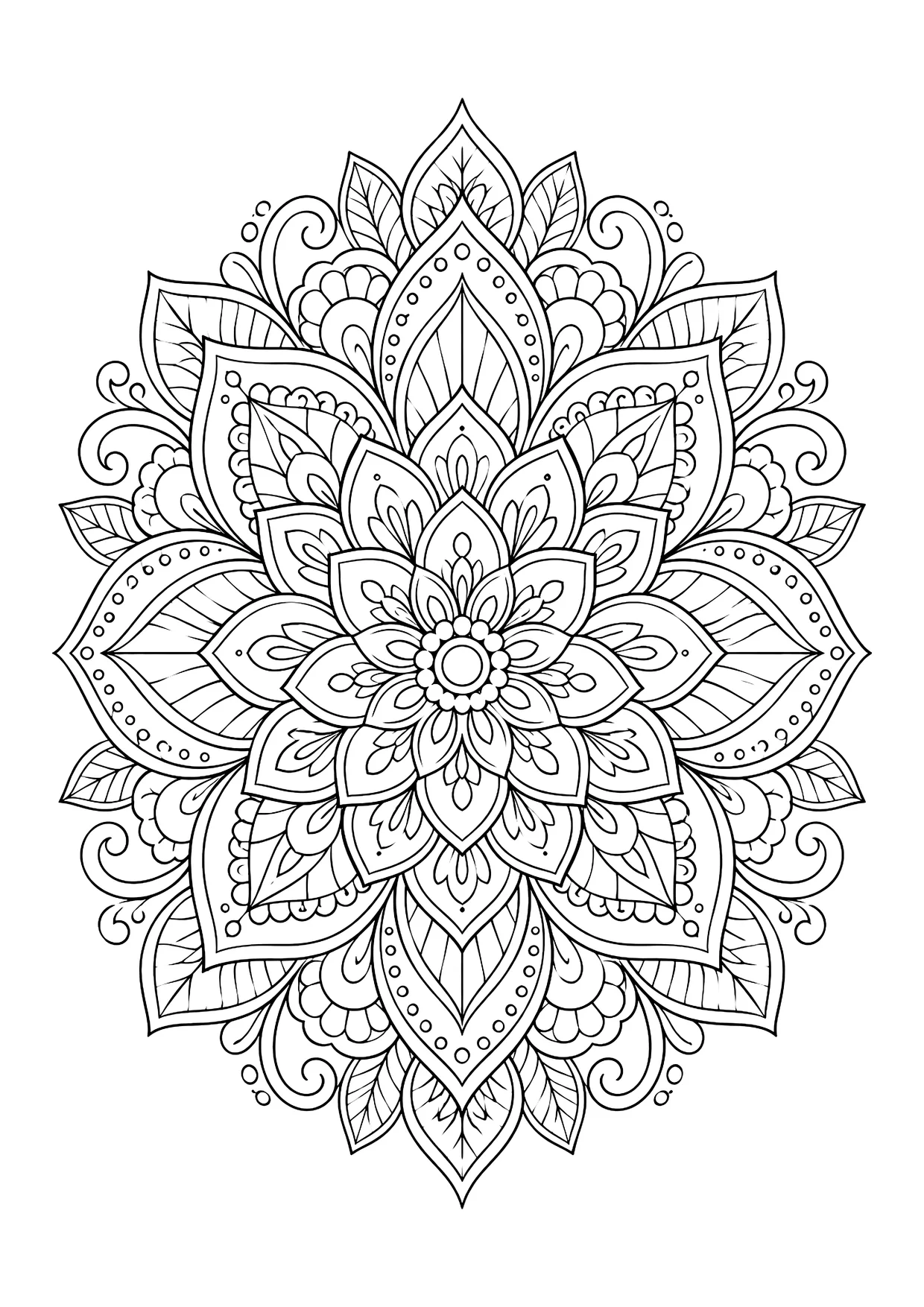 Ausmalbild: rundes Blüten-Mandala aus mehreren Lagen spitzer Blütenblätter mit Punkten, Tropfen und Schnörkeln am Rand
