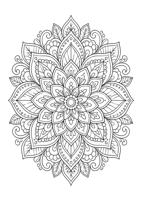 Ausmalbild: rundes Blüten-Mandala aus mehreren Lagen spitzer Blütenblätter mit Punkten, Tropfen und Schnörkeln am Rand