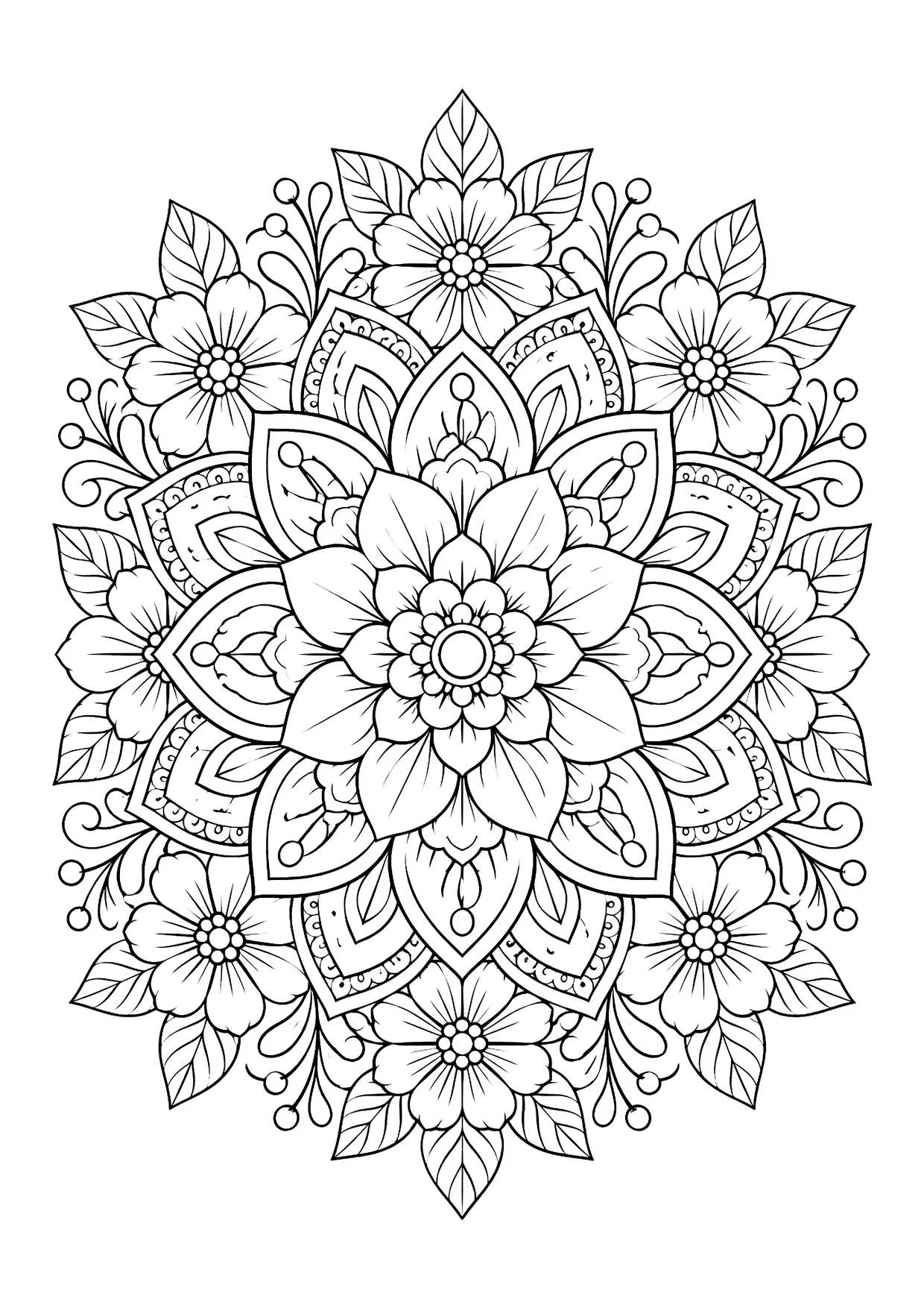 Ausmalbild: symmetrisches Blumenmandala mit großer Mittelblüte, Blütenblättern, kleinen Blüten, Blättern und Ranken