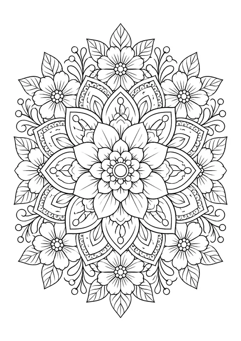 Ausmalbild: symmetrisches Blumenmandala mit großer Mittelblüte, Blütenblättern, kleinen Blüten, Blättern und Ranken