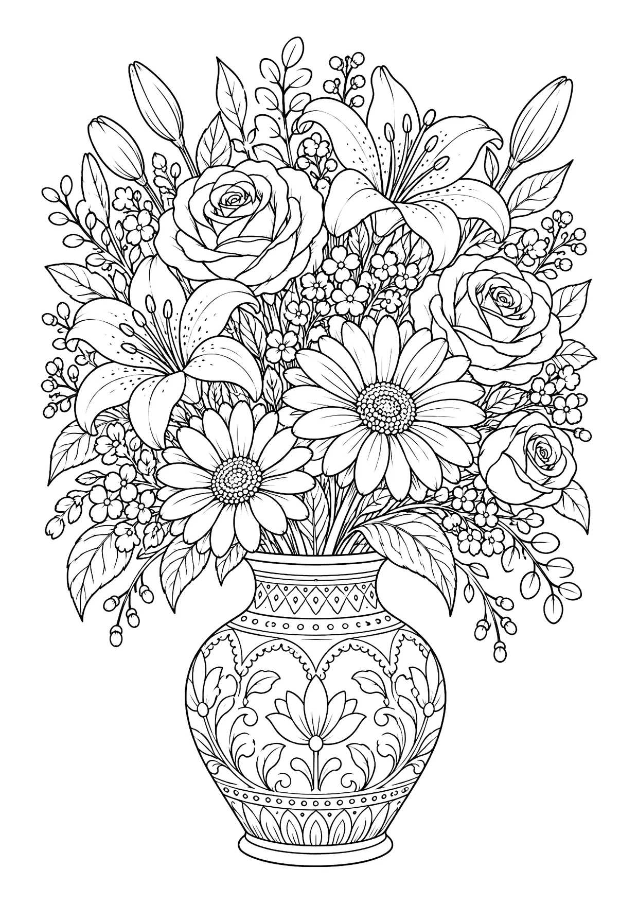 Ausmalbild: Blumenstrauß mit Rosen, Lilien und Margeriten in einer verzierten Vase mit Blütenmuster