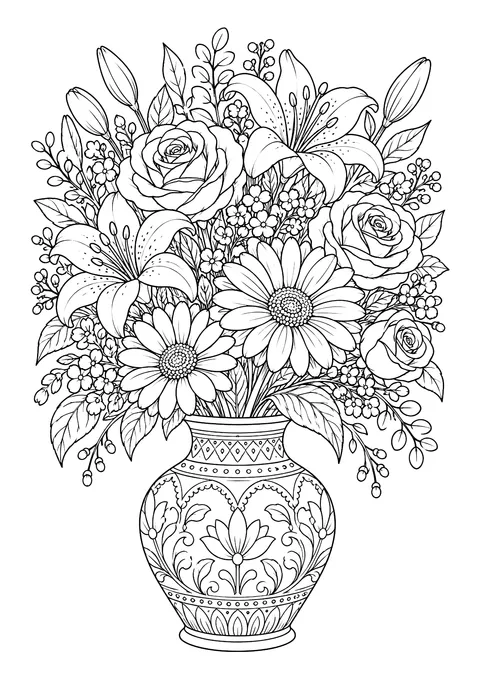Ausmalbild: Blumenstrauß mit Rosen, Lilien und Margeriten in einer verzierten Vase mit Blütenmuster