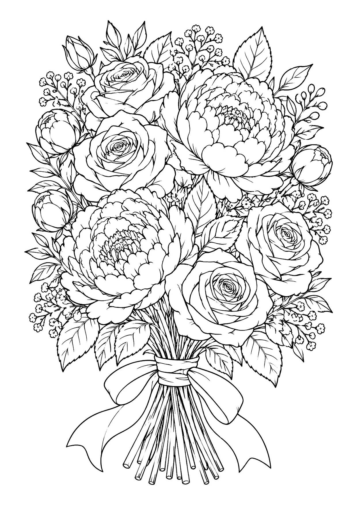 Ausmalbild: Blumenstrauß aus Rosen, Pfingstrosen, Knospen und Blättern, mit Schleife am Stielbund
