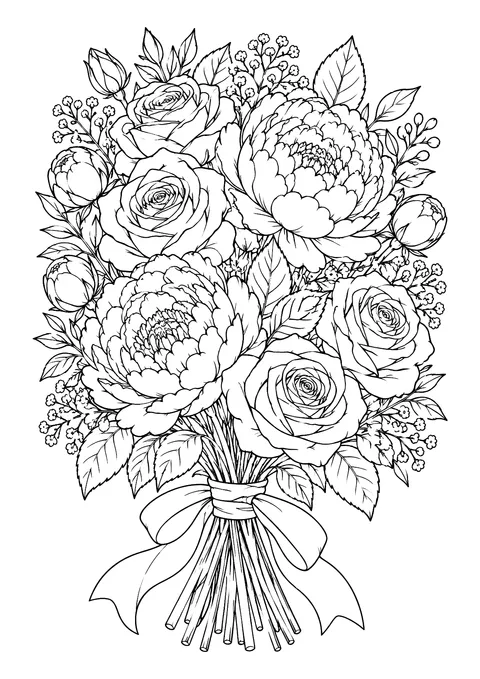 Ausmalbild: Blumenstrauß aus Rosen, Pfingstrosen, Knospen und Blättern, mit Schleife am Stielbund