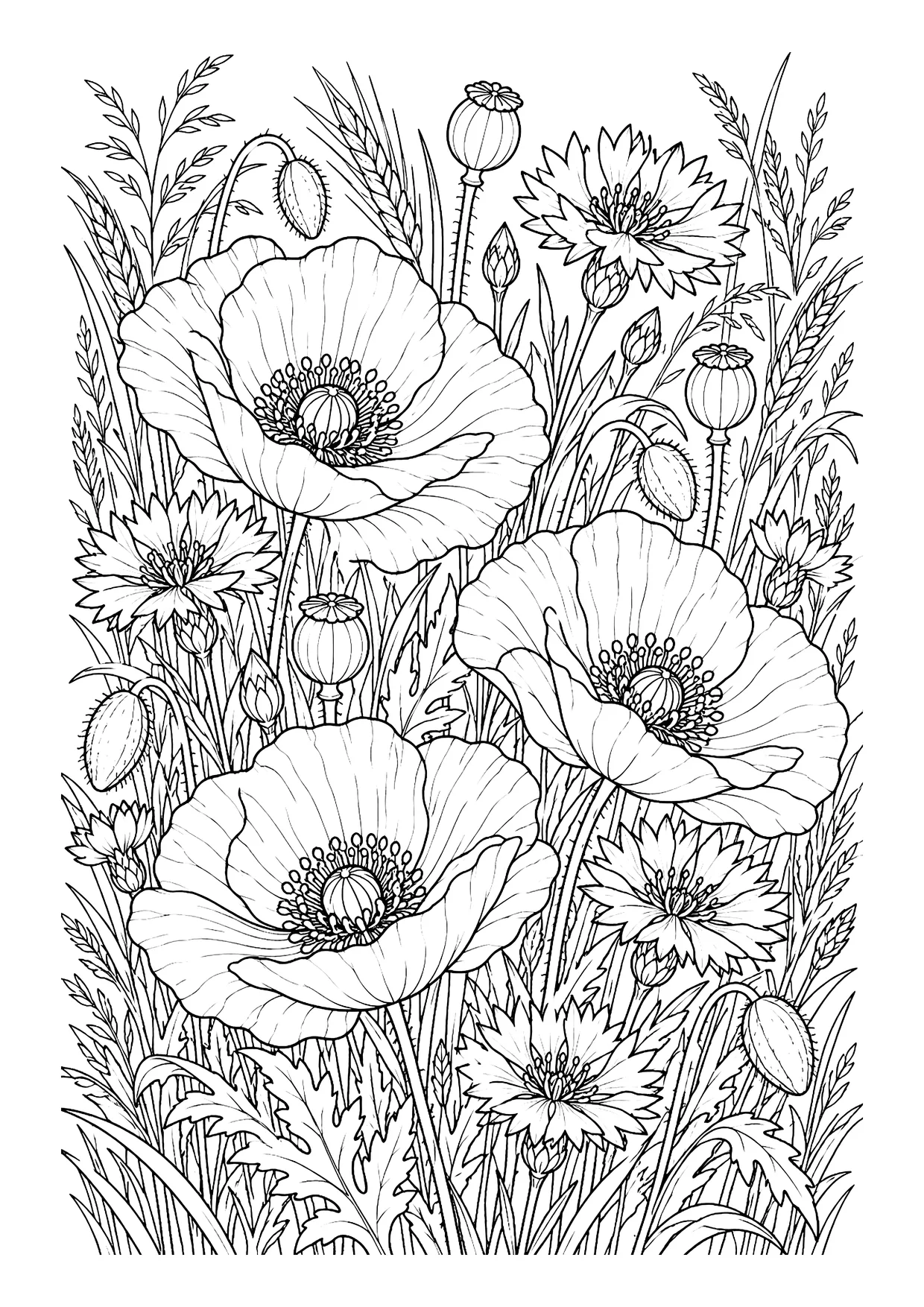 Ausmalbild: Blumenwiese mit großen Mohnblüten, Kornblumen, Mohnkapseln, Knospen, Gräsern und Ähren